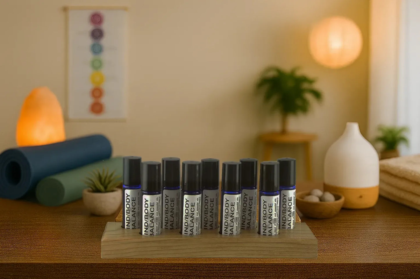 Mind/Body Balance CBD Studio Display – 20-bottle set with wooden stand